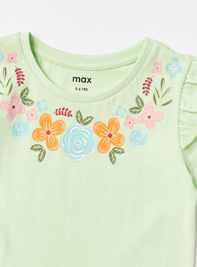 Floral Print BCI Cotton T-shirt with Short Sleeves and Ruffles