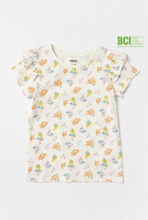 Floral Print Round Neck T-shirt with Short Sleeves and Ruffles