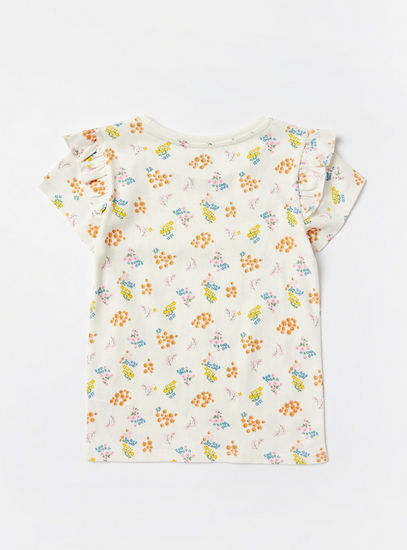 Floral Print BCI Cotton T-shirt with Short Sleeves and Ruffles