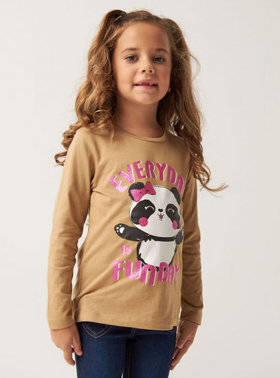Panda Print Round Neck T-shirt with Long Sleeves