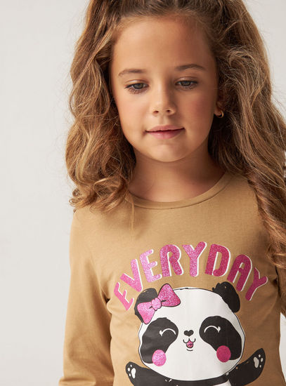 Panda Print Round Neck T-shirt with Long Sleeves