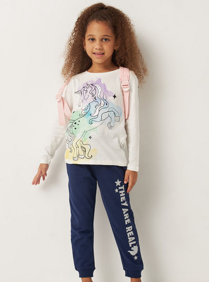 Unicorn Glitter Print T-shirt with Long Sleeves and Round Neck