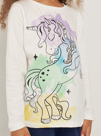 Unicorn Glitter Print T-shirt with Long Sleeves and Round Neck