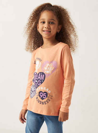 Heart Print Round Neck T-shirt with Long Sleeves