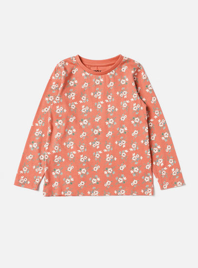 Floral Print T-shirt with Crew Neck and Long Sleeves