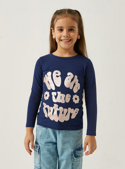 Slogan Print Round Neck T-shirt with Long Sleeves