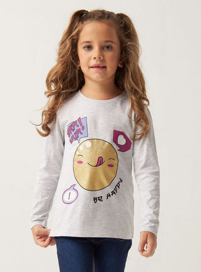 Smiling Face Print Round Neck T-shirt with Long Sleeves