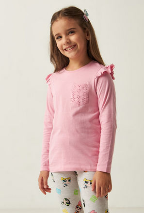 Solid Round Neck T-shirt with Ruffles and Long Sleeves