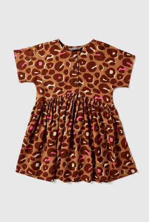 Animal Print Round Neck Dress with Short Sleeves and Button Detail