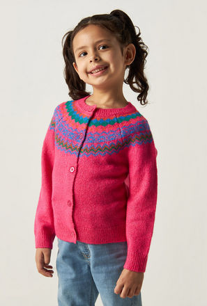 Fair Isle Round Neck Cardigan with Long Sleeves and Button Closure