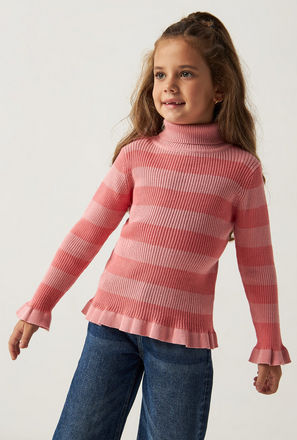 Striped Long Sleeves Sweater with Ribbed Detail and Turtle Neck