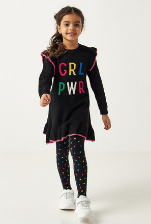 Slogan Detail A-line Sweater Dress with Elasticated Stockings