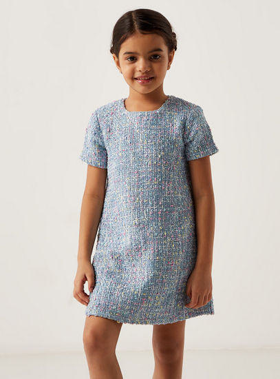 Textured Round Neck Dress with Short Sleeves and Button Closure-Casual Dresses-image-1
