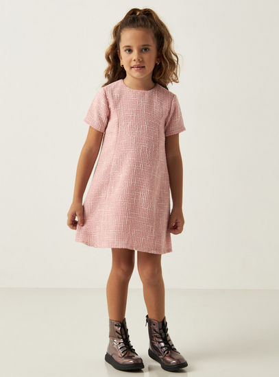 Textured Round Neck Dress with Short Sleeves and Button Closure