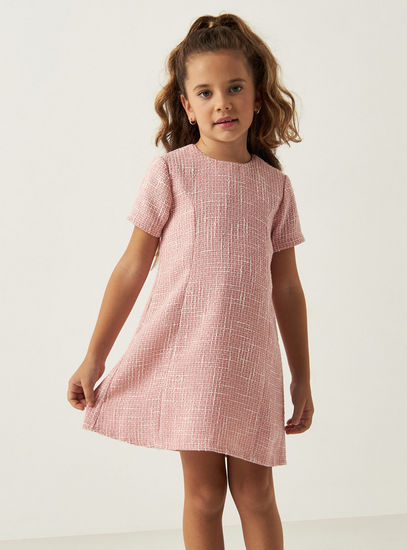 Textured Round Neck Dress with Short Sleeves and Button Closure