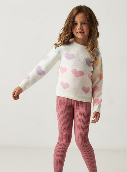Heart Textured Sweater with Round Neck and Long Sleeves