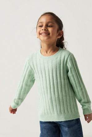 Ribbed Cable Kit Sweater with Long Sleeves and Round Neck