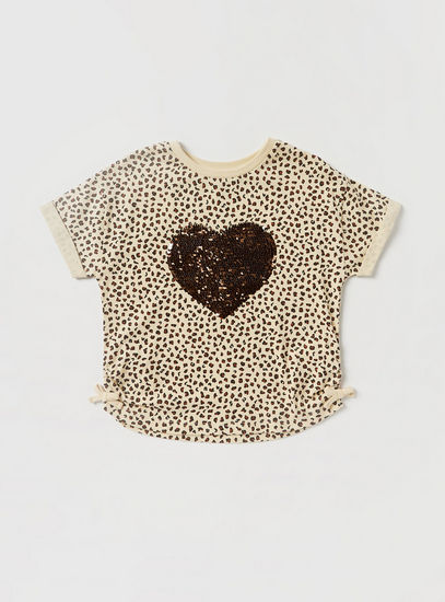 Animal Print Round Neck T-shirt with Short Sleeves and Bow Accent