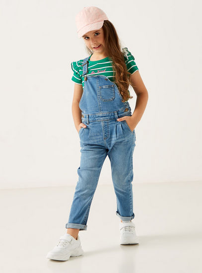 Solid Denim Dungarees with Pockets