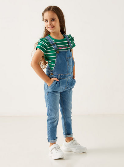 Solid Denim Dungarees with Pockets