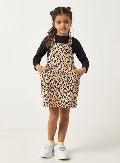 Animal Print Pinafore and Solid Crew Neck T-shirt Set