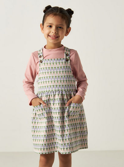 Printed Pinafore and Solid Crew Neck T-shirt Set