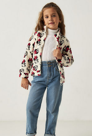 Minnie Mouse Print Fleece Jacket with Long Sleeves and Zip Closure