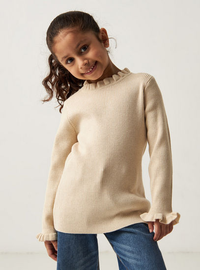 Ribbed Pullover with Ruffled Neck and Long Sleeves