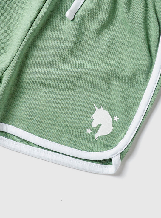Unicorn Print Shorts with Drawstring Closure and Piping Detail