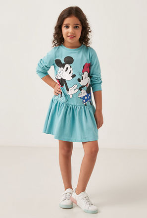 Mickey and Minnie Mouse Print Long Sleeves Dress with Drop Waist