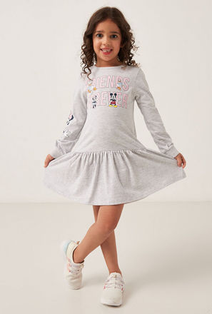 Minnie and Daisy Print Crew Neck Dress with Drop Waist and Long Sleeves