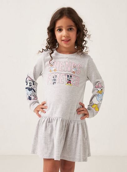 Minnie and Daisy Print Crew Neck Dress with Drop Waist and Long Sleeves