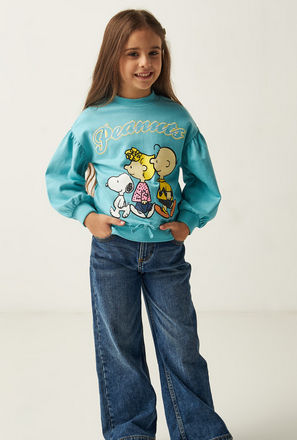 Peanut Print Round Neck Sweatshirt with Long Sleeves and Bow Detail