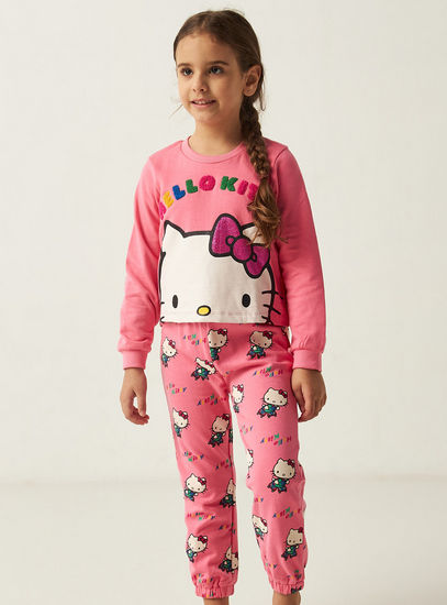 Hello Kitty Print Long Sleeve T-shirt and Pyjama Set