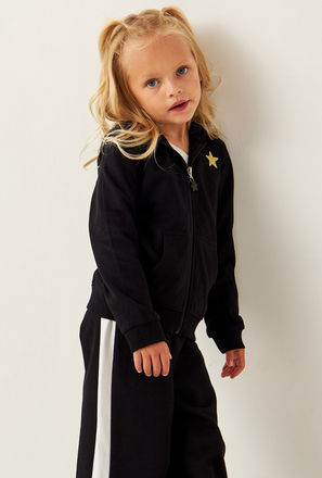 Solid Zip Through Jacket with Hood and Star Applique Detail