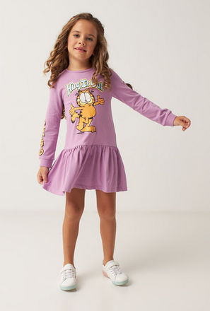 Garfield Print Drop Waist Dress with Long Sleeves and Round Neck