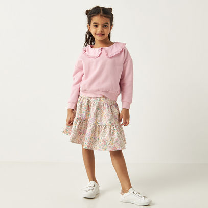 Solid Collared Sweatshirt and Tiered Skirt Set
