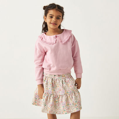 Solid Collared Sweatshirt and Tiered Skirt Set