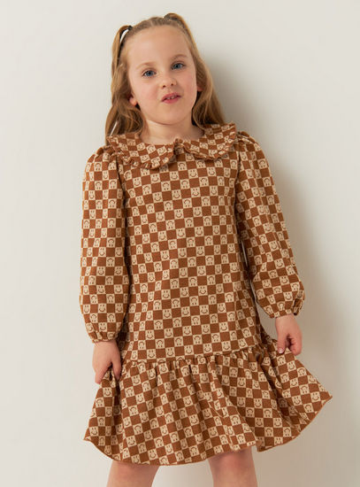 Checked Drop Waist Dress with Peter Pan Collar and Long Sleeves