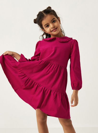 Solid Tiered Dress with Peter Pan Collar and Long Sleeves