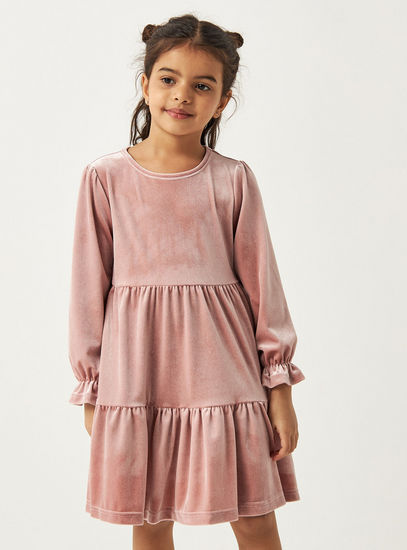 Solid Velour Tiered Dress with Round Neck and Long Sleeves