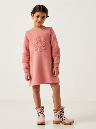 Fur Floral Applique Sweat Dress with Long Sleeves