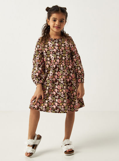 All Over Floral Print A-line Dress with Balloon Sleeves