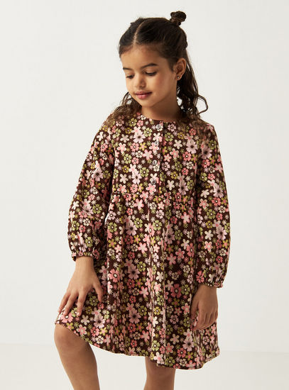 All Over Floral Print A-line Dress with Balloon Sleeves