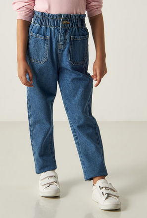 Solid Mom Jeans with Paper Bag Waist and Patch Pockets