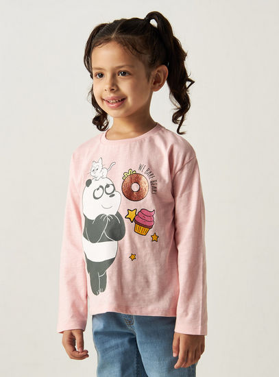 We Bare Bears Print T-shirt with Round Neck and Long Sleeves