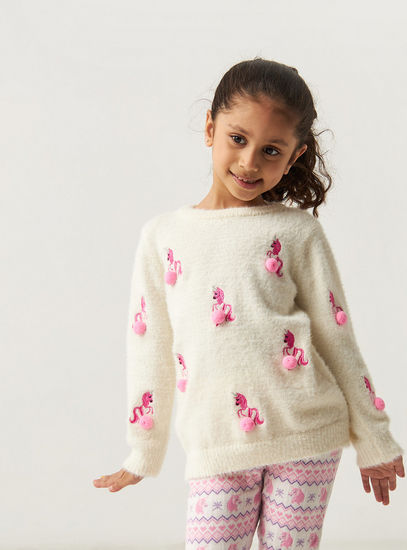 Unicorn Embroidery Sweater with Pom-Pom Detail and Long Sleeves