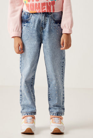 Embellished Mid-Rise Jeans with Button Closure and Pockets