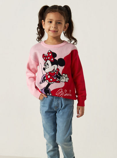 Minnie Mouse Print Sweater with Round Neck and Long Sleeves