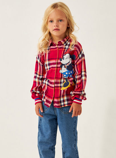 Minnie Mouse Checked Shirt with Spread Collar and Long Sleeves